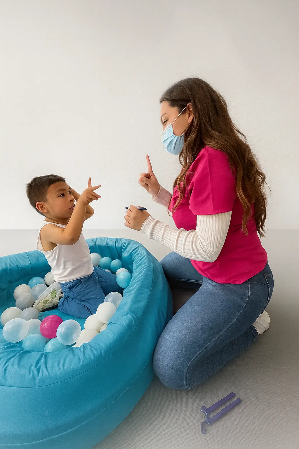 Terapeuta interactuando con un niño en sesión de desarrollo
